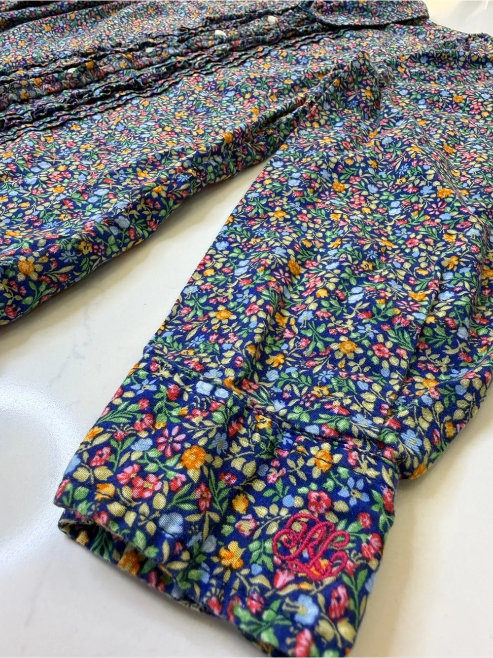 Ralph Lauren Girls 6X Floral Ruffle Button Down 100% Cotton Navy Cottagecore